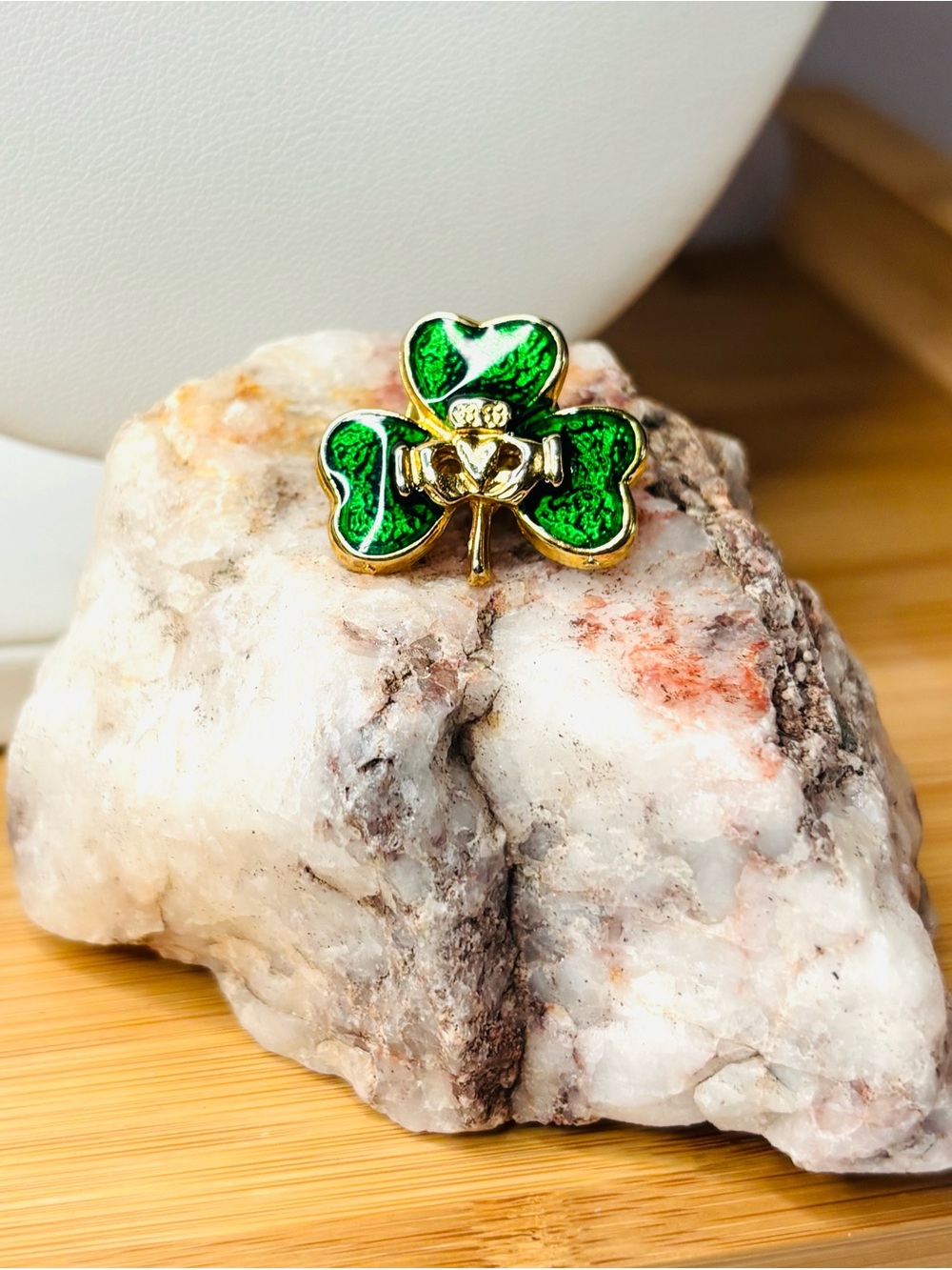 Shamrock Claddagh brooch pin featuring vibrant gold tone wth green clover leaves